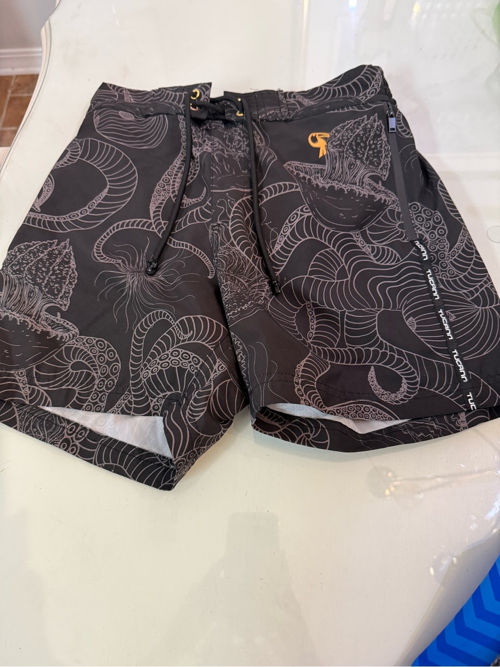 Men's Black Octopus Print Swim Trunks - 5”